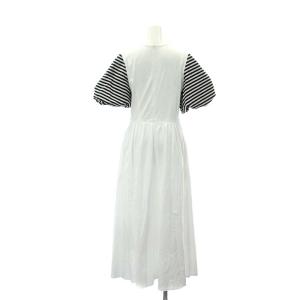 BORDERS at BALCONY PUFF SLEEVE TEE DRESS ワンピース ロング 半袖 バルーンスリーブ ボーダー 切替 38 白 黒 ホワイト