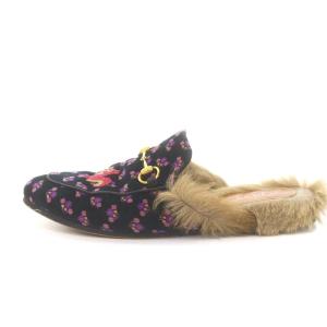 GUCCI プリンスタウンホースビットサンダル ミュール ラウンドトゥ フラット ファー 花柄 リス 鳥 38 25.0cm 黒 ブラック