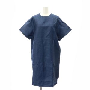 リネン混 バックフリンジ 半袖ワンピース ひざ丈 36 S 紺 ネイビー /AT OS