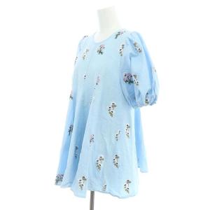 Chesty 22SS フラワー刺繍フレアトップス ブラウス 五分袖 パフスリーブ 1 ライトブルー マルチカラー