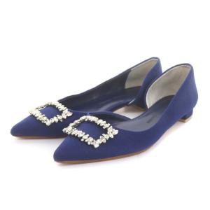 Constance フラットシューズ ビジュー ポインテッドトゥ ローヒール 37 24cm 紺 ネイビー