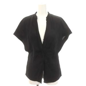 24SS スパークリネン ハーフスリーブブラウス 半袖 Vネック フロントボタン F 黒 ブラック /YQ