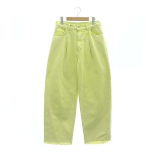 23SS ワイドコクーンデニムパンツ ジーンズ カラーデニム ジッパーフライ カットオフ ヴィンテージ加工 38 黄緑 イエローグリーン