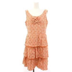 ツイードノースリーブティアードワンピース ひざ丈 リボン 38 オレンジ