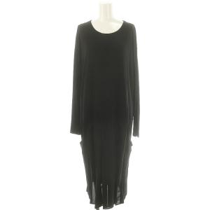 長袖 ストレッチ プリーツワンピース ロング ミモレ丈 36 黒 ブラック /MI OS