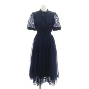 総レース ワンピース ロング ミモレ丈 半袖 S 紺 ネイビー /MI OS