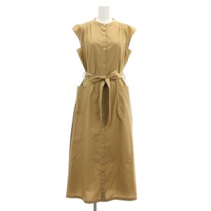 バンドカラー ノースリーブワンピース ロング マキシ丈 ギャザー ベルト付 38 茶 ブラウン