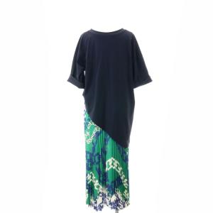 セパレートプリーツワンピース ブラウス 2点セット ミモレ ロング 五分袖 総柄 38 M 紺 ネイビー 緑 グリーン 0220231146