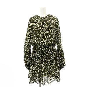 スタープリント フリル ワンピース 膝丈 長袖 シルク 36 黒 黄 /HK OS SH