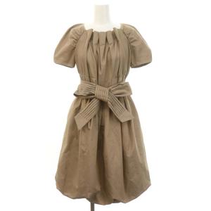 タック パフスリーブ バルーンワンピース ひざ丈 半袖 ベルト付き 38 S ベージュ