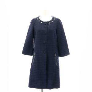 8分袖 パール ノーカラーコート ロング 36 S 紺 ネイビー /SY OS