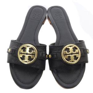TORY BURCH レザーフラットサンダル ミュール ロゴ 5.5M 22.5cm 黒 ブラック