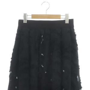 ADORE フリンジカットジャガードタックフレアースカート ロング 36 紺 黒 ネイビー ブラック