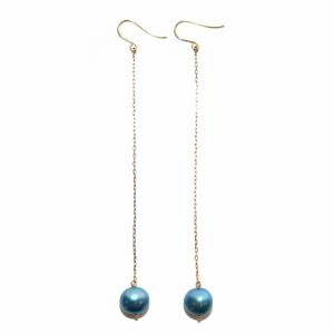 Lilas ピアス 両耳 ロング フック チェーン パール 真珠 10金 K10 青 ブルー ゴールド