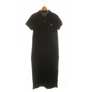 コットンメッシュポロドレス ワンピース ロング丈 マキシ丈 半袖 ロゴ コットン M 黒 ブラック /YQ