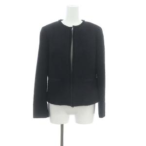 24SS シャインツイードストレッチノーカラージャケット 総裏地 フリンジ 38 紺 ネイビー