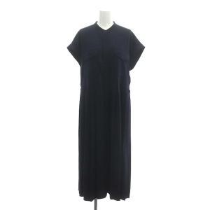 エニィ any ジョーゼット プリーツ シャツ ワンピース ロング フレンチスリーブ F 紺 ネイビー