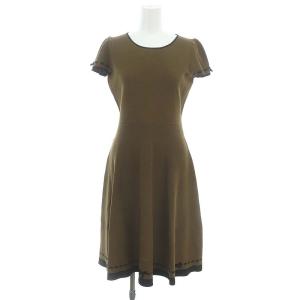 配色リボンニットドレス ワンピース 膝丈 半袖 36 カーキブラウン 黒 ブラック /DO OS