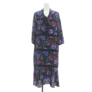 フラワープリントレースボーダワンピース ミモレ ロング 七分袖 シアー シースルー 36 S 紺 ネイビー