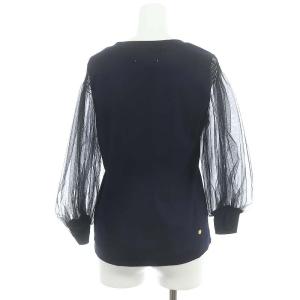 MUVEIL パール付きチュール袖プルオーバー カットソー 七分袖 切替 シアー シースルー 36 S 紺 ネイビー