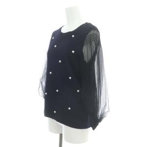 MUVEIL パール付きチュール袖プルオーバー カットソー 七分袖 切替 シアー シースルー 36 S 紺 ネイビー