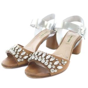 ビジューヒールサンダル オープントゥ チャンキーヒール レザー 37 24.0cm キャメル シルバー色