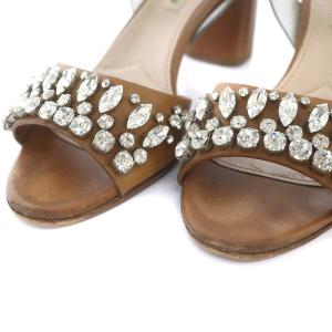 miumiu ビジューヒールサンダル オープントゥ チャンキーヒール レザー 37 24.0cm キャメル シルバー色