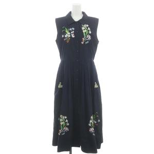 フラワー刺繍シャツワンピース ロング ノースリーブ 前開き インナー付き 1 紺 ネイビー