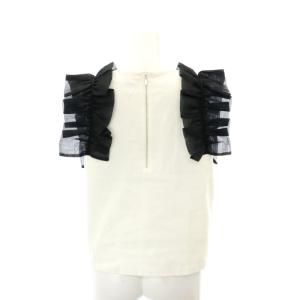 LANVIN en Bleu チュールフリル バックハーフファスナー ブラウス フレンチスリーブ 38 M 白 ホワイト 黒 ブラック