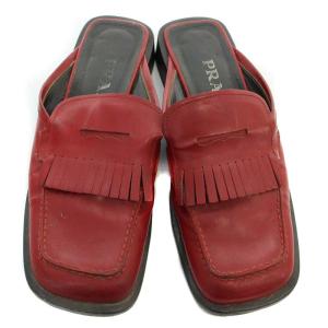 PRADA スクエアトゥフリンジスリッパサンダル ミュール レザー 37 24cm 赤 レッド
