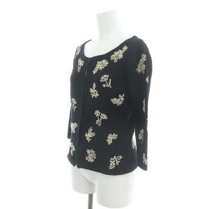 SYBILLA 花柄 カーディガン ニット 七分袖 刺繍 クルーネック 麻 リネン混 40 L 黒 ブラック