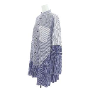 ENFOLD 23AW DOCKING-SHIRT シャツ チュニック丈 長袖 ドッキング マルチストライプ 38 青 白 ブルー ホワイト