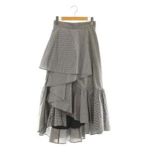 23SS デザインティアードスカート ロング フレア チェック コットン 0 黒 白 ブラック ホワイト