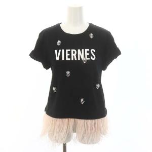 マラボープリントトップ フェザーストーンデザインTシャツ カットソー 半袖 36 S 黒 ブラック ピンク