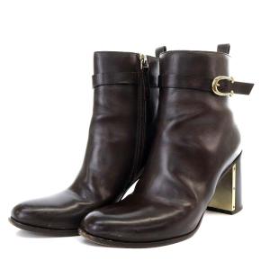 ベルテッド ブーツ ショート チャンキーヒール レザー 36 23cm ダークブラウン /YO22