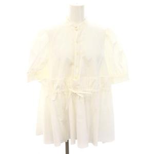 24SS ウエストリボンギャザーブラウス チュニック 五分袖 バンドカラー 34 白 ホワイト /MI