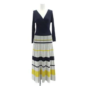 カシュクールマルチニットワンピース ロング丈 マキシ丈 長袖 Vネック 36 S 紺 ネイビー マルチカラー