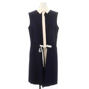 ウォッシャブル フロントタイ ワンピース 膝丈 ノースリーブ ドロスト 前開き 4 紺 アイボリー 白