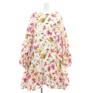 花柄 サイドギャザー ワンピース S 白 ピンク