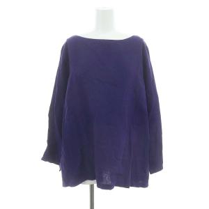 リネン フリル ブラウス プルオーバー 長袖 紺 ネイビー /ES OS