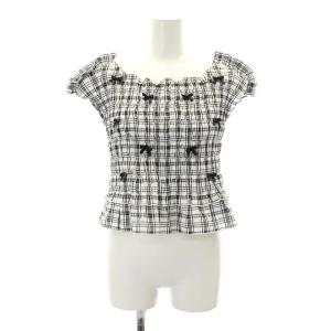 24SS リボンシャーリングTOPS トップス カットソー チェック フレンチスリーブ F 白 黒 ホワイト
