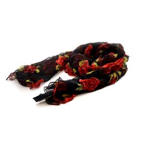 ストール ローズ柄 シルク 絹 黒 ブラック 赤 レッド SH