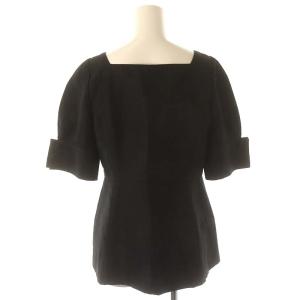 ESTNATION 23SS ジャカードスクエアネックブラウス 前開き 五分袖 ペプラム リネン混 38 黒 ブラック /ES