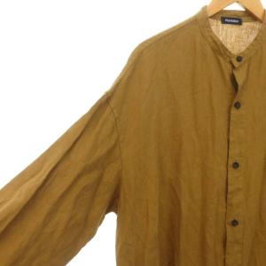 plantation リネンシャツコート バンドカラー 薄手 2 茶 ブラウン /CX OS