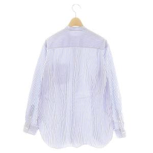 GALERIE VIE 22SSストライプ柄ノーカラーシャツ ブラウス 長袖 フロントボタン コットン 36 M 白 ホワイト 青 ブルー