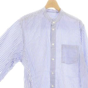 GALERIE VIE 22SSストライプ柄ノーカラーシャツ ブラウス 長袖 フロントボタン コットン 36 M 白 ホワイト 青 ブルー