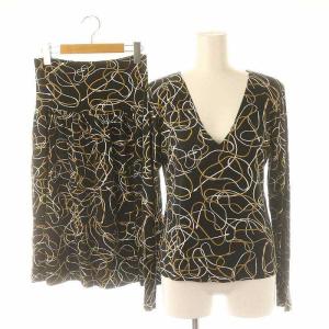 セットアップ 上下 2点セット 総柄 カットソー 長袖 Vネック スカート 膝丈 フレア 1 黒 白 ゴールド色