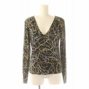 agnes b. セットアップ 上下 2点セット 総柄 カットソー 長袖 Vネック スカート 膝丈 フレア 1 黒 白 ゴールド色