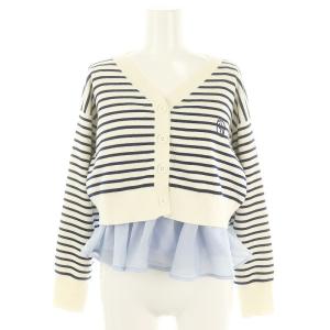 24SS クロップドカーデレイヤードプルオーバー ニット 長袖 Vネック ボーダー F オフホワイト 紺 ライトブルー