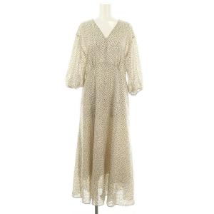 ドットプリントシャドーチェックワンピース ロング 七分袖 2 オフホワイト 黒 ブラック /DF OS